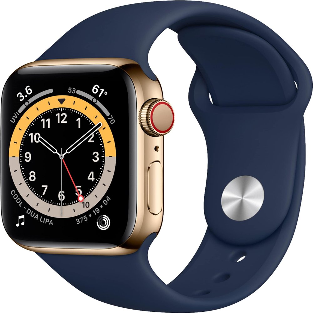 Apple Watch Series 6 (GPS + Cellular, 40mm) Gold Stainless Steel Case with Deep Navy Sport Band (Renewed)