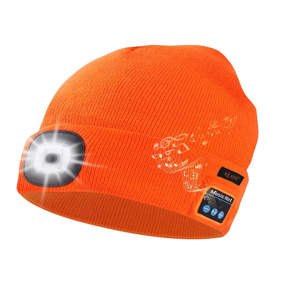 Keains Bluetooth Beanie with Light, Musical Knit Hat with Headphones and Built-in Speaker Mic, Gifts for Men Women Dad Orange