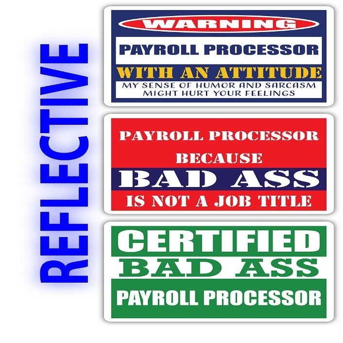 (x3) Certified Bad Ass Payroll Processor with an Attitude Stickers | Funny Occupation Job Career Gift Idea | 3M Reflective Vinyl Sticker Decals for laptops, Hard Hats, Windows