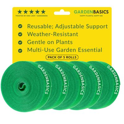 GARDENBASICS Plant Ties; Reusable, Adjustable, Gentle Plants Supports for Effective Growing; Multi-Use Support Tie Tape for Gardening, Wire Organizer, Cable Management (1 MTR x 12 MM - 5 Roll) Green