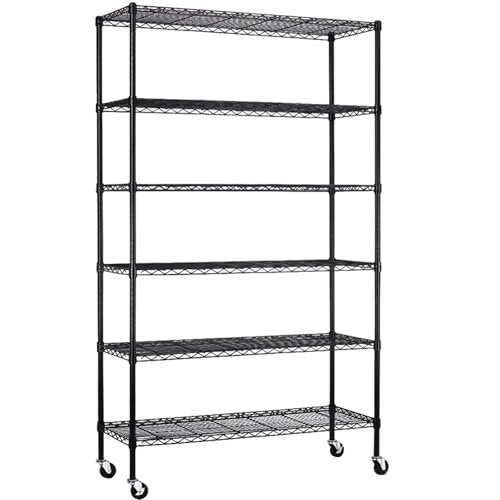 BLKMTY 6-Tier Wire Shelving Unit, Adjustable Storage Shelves, Heavy Duty Storage Rack with Wheels, Metal Wire Shelf for Garage Basement Steel Racks, 2100lbs Capacity, 48"x18"x82", Black