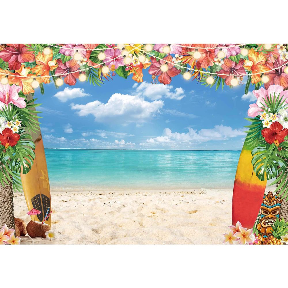 LIVUCEE 10x8ft Summer Hawaiian Luau Beach Backdrop for Photography Tropical Flower Luau Hawaiian Party Decorations Aloha Blue Sky Ocean Palm Leaves Background Supplies Photoshoots