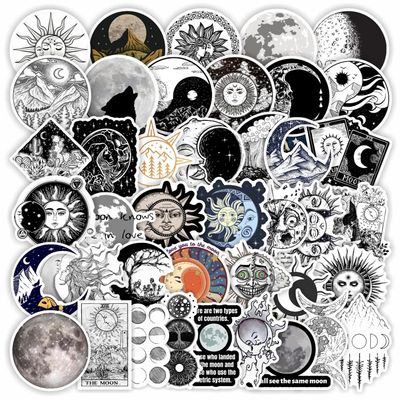 100 PCS The Sun and Moon Planet Stickers Astronomy Celestial Decals for Laptop Scrapbook Water Bottle Phone Notebooks Diary(Black)