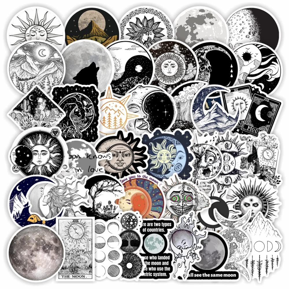 100 PCS The Sun and Moon Planet Stickers Astronomy Celestial Decals for Laptop Scrapbook Water Bottle Phone Notebooks Diary(Black)