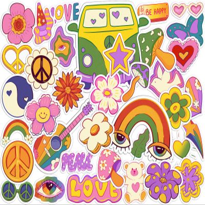 Cavka Vinyl Stickers Pack 38 PCS for Laptop Flowers Retro Decals Groovy for Planner for Skateboard Waterproof for Bicycle Indie Peace Hippie for Water Bottles for Luggage for Notebook Cup 60s Set