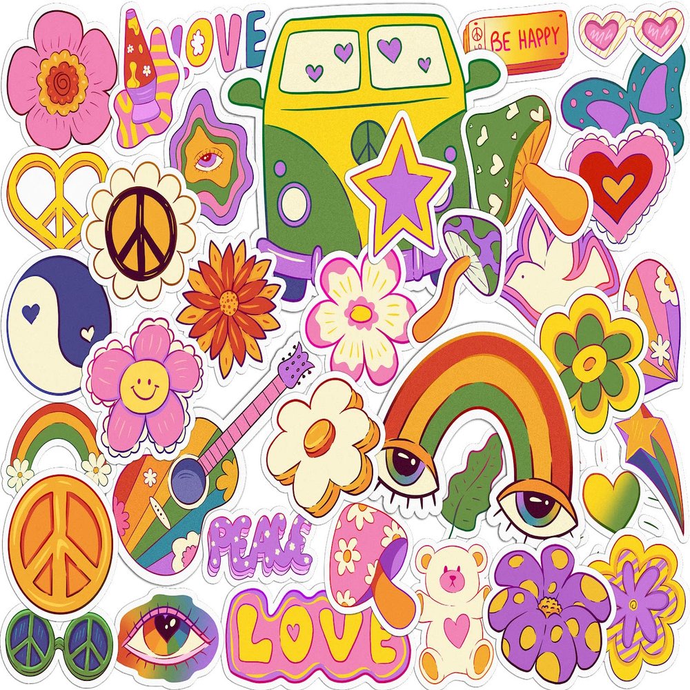 Cavka Vinyl Stickers Pack 38 PCS for Laptop Flowers Retro Decals Groovy for Planner for Skateboard Waterproof for Bicycle Indie Peace Hippie for Water Bottles for Luggage for Notebook Cup 60s Set