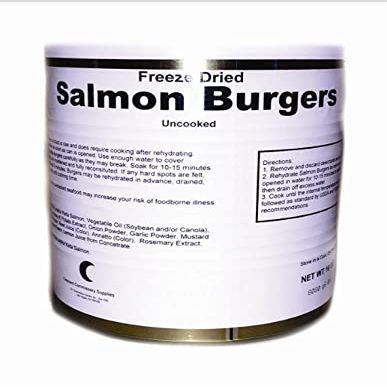 Military Surplus Freeze-Dried Salmon Burgers  12 Fully Cooked Burgers per Can  25+ Year Shelf Life  High-Protein Survival Food for Hunting, Camping, Backpacking, and Long-Term Emergency Storage  16 oz Can