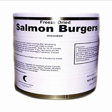 Military Surplus Freeze-Dried Salmon Burgers  12 Fully Cooked Burgers per Can  25+ Year Shelf Life  High-Protein Survival Food for Hunting, Camping, Backpacking, and Long-Term Emergency Storage  16 oz Can