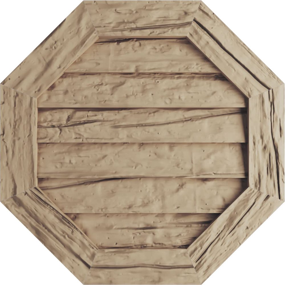 Ekena Millwork GVUROC18X18DRWPR Timberthane Riverwood Octagonal Faux Wood Non-Functional, Primed Tan Urethane Gable Vents, 18"W x 18"H, Primed