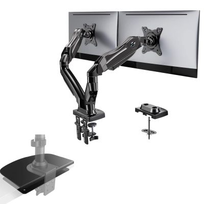 HUANUO Dual Monitor Stand - Full Adjustable Monitor Desk Mount Swivel Vesa Bracket with C Clamp, Steel Monitor Mount Reinforcement Plate for Thin, Glass and Other Fragile Tabletop