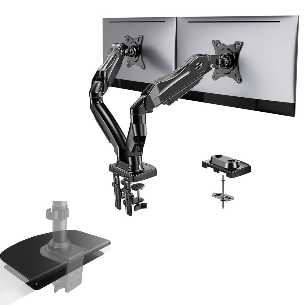 HUANUO Dual Monitor Stand - Full Adjustable Monitor Desk Mount Swivel Vesa Bracket with C Clamp, Steel Monitor Mount Reinforcement Plate for Thin, Glass and Other Fragile Tabletop