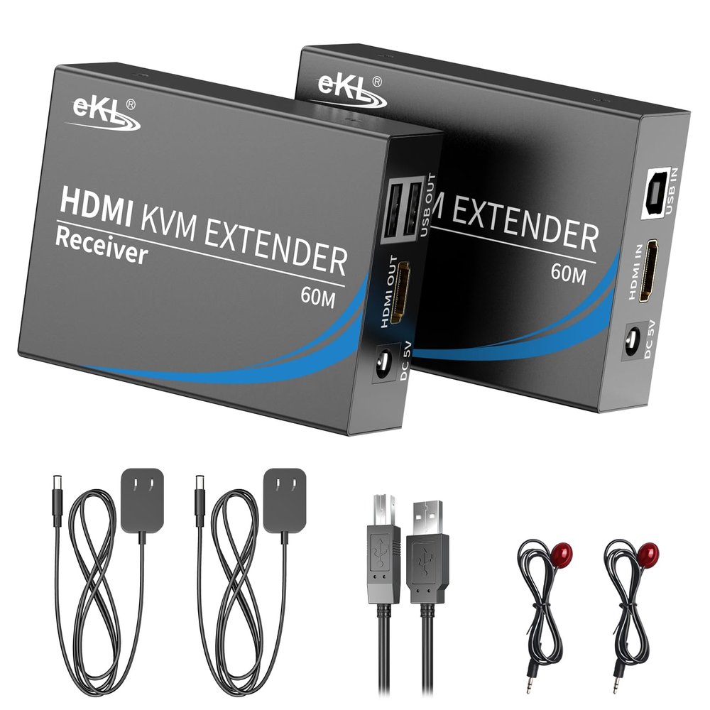 eKL KVM Extender HDMI USB 60m/196ft Over UTP Cat5e/6 Ethernet Cable Supports 1080P@60Hz 2 Port USB 2.0 for Computer Plug & Play Without Driver
