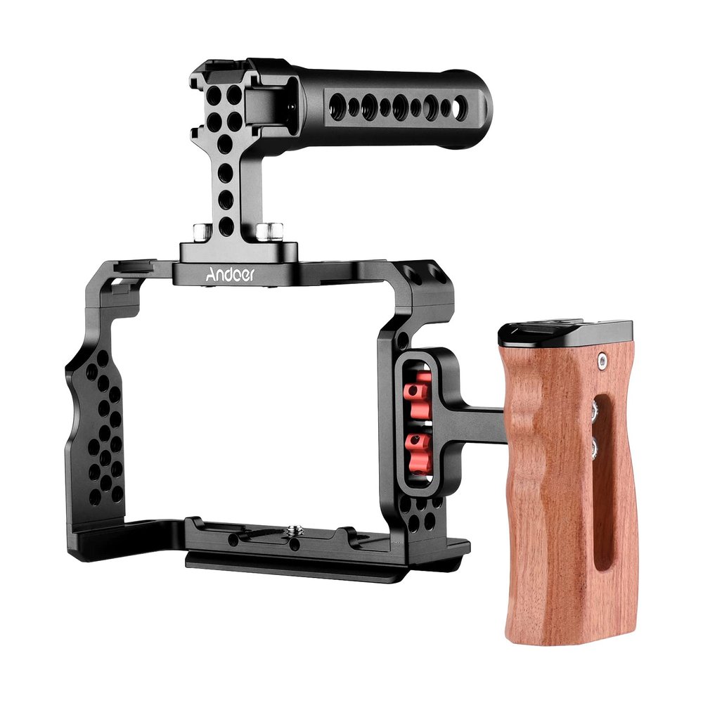 Andoer Aluminum Alloy Camera Cage, Camera Cage Rig with Video Rig Top Handle Wooden Grip, Compatible with Sony A7R III/ A7 II/ A7III