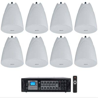 Rockville RCS180-6 Bundle: 180 Watt 6-Zone Commercial Amplifier with Bluetooth, (8) PEN-525T 5.25 in 70V Pendant Speakers 35-Watt RMS 8 Ohm, White, 9 Items