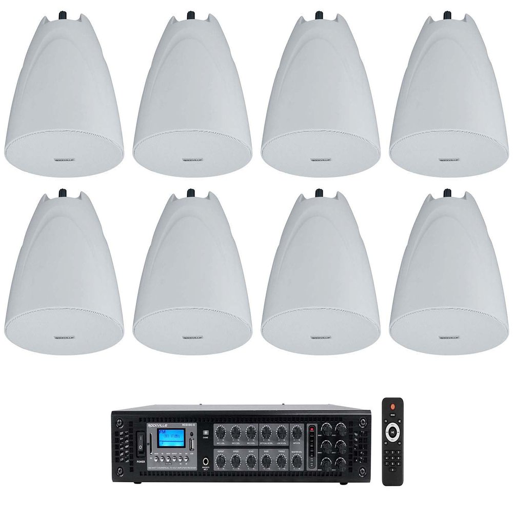 Rockville RCS180-6 Bundle: 180 Watt 6-Zone Commercial Amplifier with Bluetooth, (8) PEN-525T 5.25 in 70V Pendant Speakers 35-Watt RMS 8 Ohm, White, 9 Items