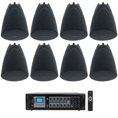 Rockville RCS180-6 Bundle: 180W 6-Zone 70V Commercial/Restaurant Amplifier with Bluetooth, (8) Black 5.25" Pendant Speakers for Bar/Cafe, 9-Items