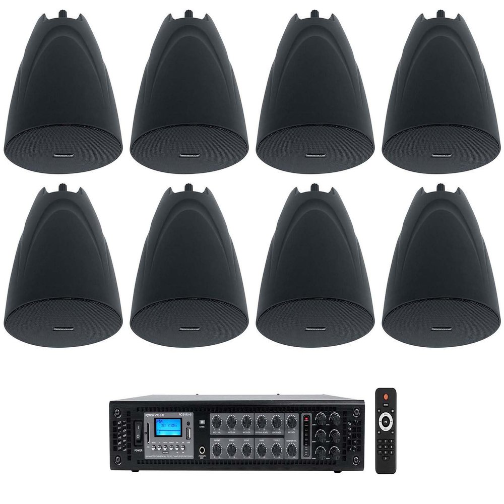 Rockville RCS180-6 Bundle: 180W 6-Zone 70V Commercial/Restaurant Amplifier with Bluetooth, (8) Black 5.25" Pendant Speakers for Bar/Cafe, 9-Items