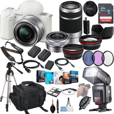 Sony ZV-E10 Mirrorless Camera with 16-50mm Lens (White) Bundle - ILCZV-E10L/W + Sony 55-210mm Zoom Lens + Prime Accessory Package Including 128GB Memory, TTL Flash, Battery, Software Package & More