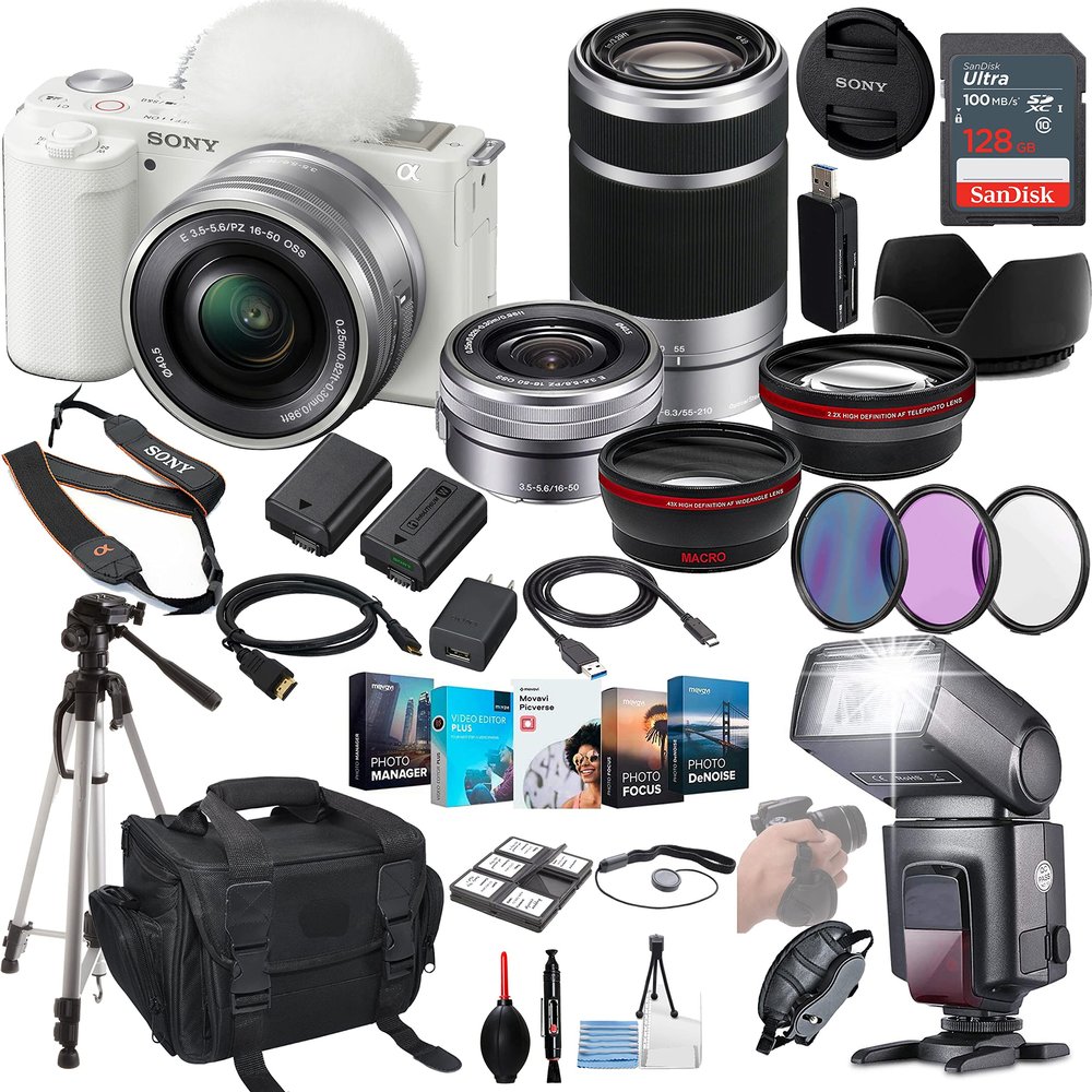 Sony ZV-E10 Mirrorless Camera with 16-50mm Lens (White) Bundle - ILCZV-E10L/W + Sony 55-210mm Zoom Lens + Prime Accessory Package Including 128GB Memory, TTL Flash, Battery, Software Package & More