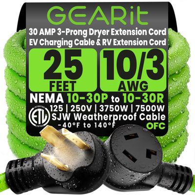 GEARit 3 Prong Dryer Cord, 25 Ft Dryer Extension Cord, NEMA 10-30P to 10-30R, 30 Amp 220V 240V Heavy Duty, 10/3 AWG STW Copper Cable, 3 Prong Dryer Extension Cord for Older Outlets