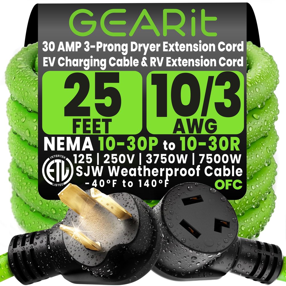 GEARit 3 Prong Dryer Cord, 25 Ft Dryer Extension Cord, NEMA 10-30P to 10-30R, 30 Amp 220V 240V Heavy Duty, 10/3 AWG STW Copper Cable, 3 Prong Dryer Extension Cord for Older Outlets