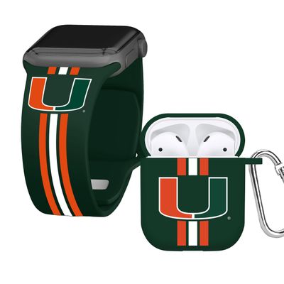 AFFINITY BANDS Miami Hurricanes HD Combo Package Compatible with Apple Watch and AirPods Gen 1 & 2 (42/44/45/49mm (46mm Series 11) Short Stripes)