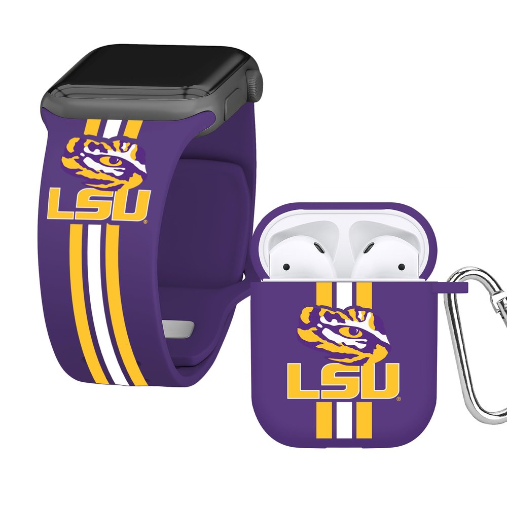 Affinity Bands Louisiana State Tigers HD Combo Package Compatible with Apple Watch and AirPods Gen 1 & 2 (42/44/45/49mm (46mm Series 11) Short Stripes)