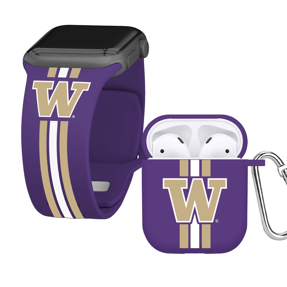 AFFINITY BANDS Washington Huskies HD Combo Package Compatible with Apple Watch and AirPods Gen 1 & 2 (38/40/41mm (42mm Series 11) Long Stripes)