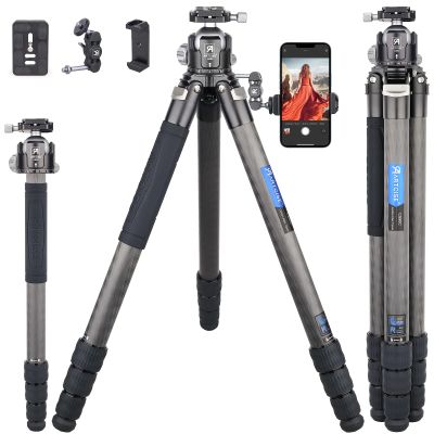 40mm Lightweight Compact Carbon Fiber Tripod with 52mm Low Profile Ball Head Kit 10-Layer Carbon Heavy Duty Travel Camera Stand Detachable Monopod with Stone Bag+ Magic Arm+ Phone Clip Max Load 30 kg