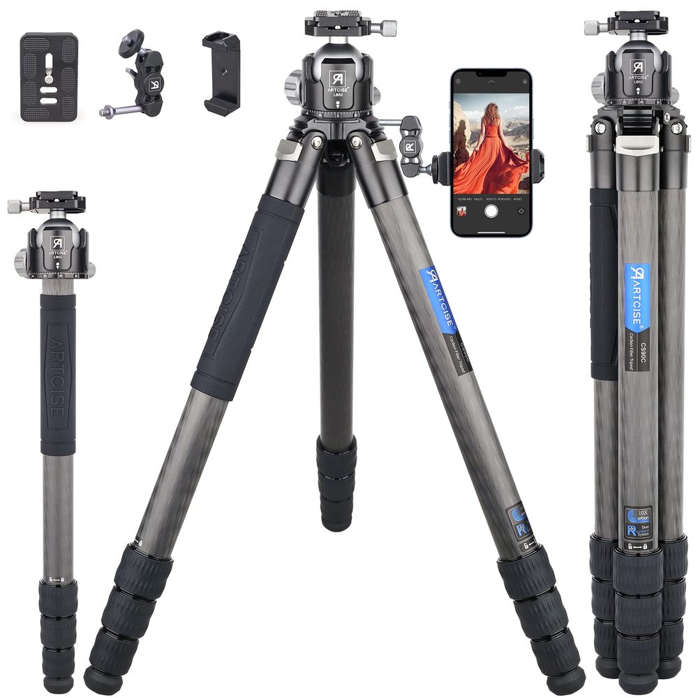40mm Lightweight Compact Carbon Fiber Tripod with 52mm Low Profile Ball Head Kit 10-Layer Carbon Heavy Duty Travel Camera Stand Detachable Monopod with Stone Bag+ Magic Arm+ Phone Clip Max Load 30 kg