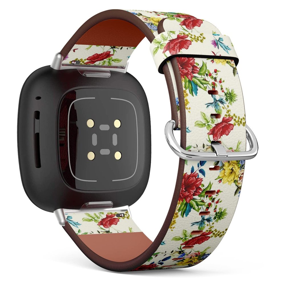 CJBROES Replacement Leather Watch Band, Compatible with Fitbit Versa 3 and Fitbit Sense of Wristband Bracelet Accessory - Flowers Poppy Wild Roses Cornflower