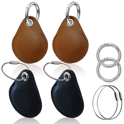 Leather Case for Airtags 2021,Moto tag 2024 as Accessories with Keychain Connect Tracker/Locator for Key, Bag,Dog Collar,Airtag Holder Sleeve Cover Protect Finder (Black,Brown) (4 Pack)