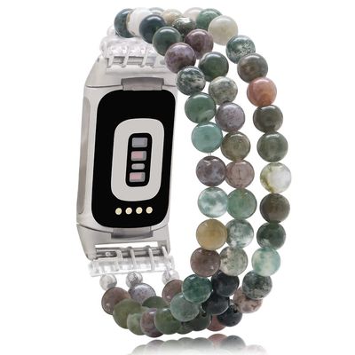 C&L Accessories Compatible with Fitbit Charge 5/Charge 6 Bands, Natural Gemstone Beaded Handmade Adjustable Bracelet Replacement Bands for Women (Indian Agate)