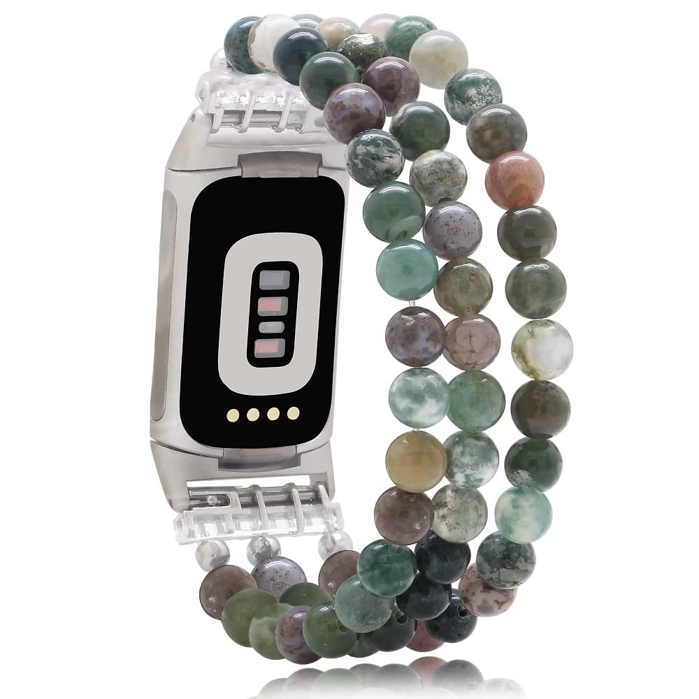 C&L Accessories Compatible with Fitbit Charge 5/Charge 6 Bands, Natural Gemstone Beaded Handmade Adjustable Bracelet Replacement Bands for Women (Indian Agate)