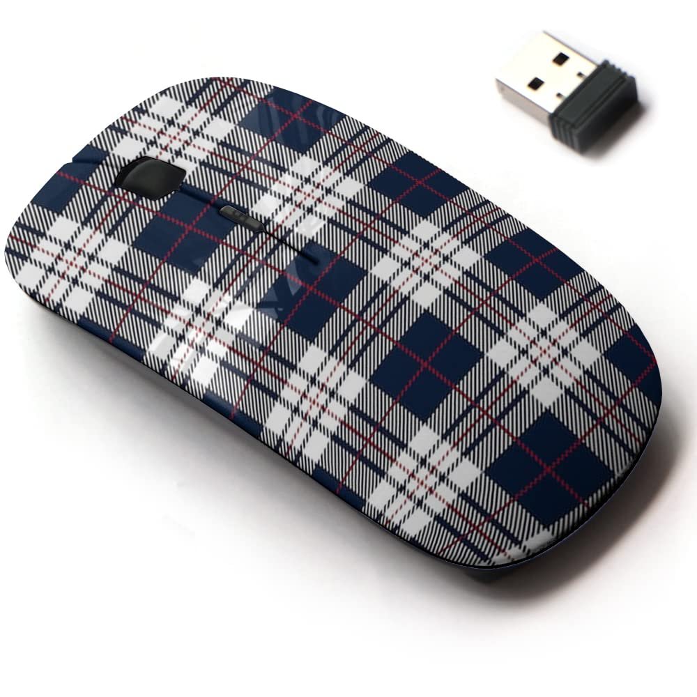 2.4G Wireless Mouse with Cute Pattern Design for All Laptops and Desktops with Nano Receiver - Blue White Tartan Plaid Scottish