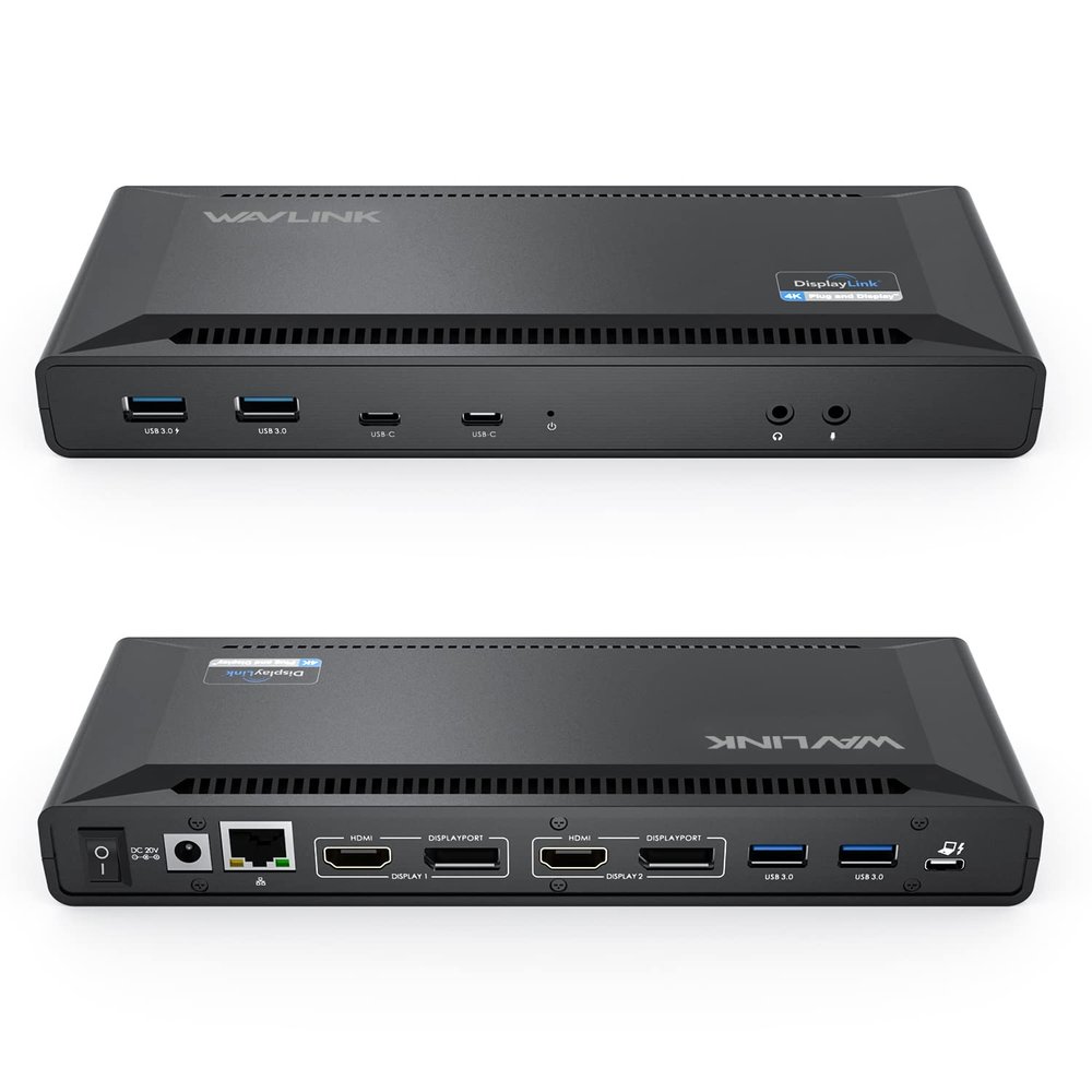 WAVLINK DisplayLink Laptop Docking Station - Dual Monitors 5K/4K@60Hz, 100W Charging - Thunderbolt 4/3, USB-C/A - M1 M2 Mac, Windows, Chrome, Ubuntu - 2HDMI, 2DP, 6 USB Ports, 130W Power, LAN, Audio