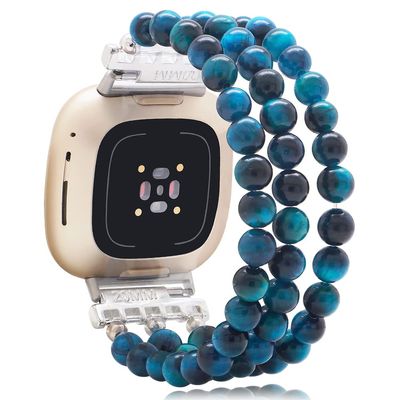 C&L Accessories Bracelet Compatible with Fitbit Versa 3/Fitbit Versa 4/Fitbit Sense 2/Fitbit Sense Bands for Women, Beaded Adjustable Gemstone Replacement Wristband Straps (Blue Tiger Eye)