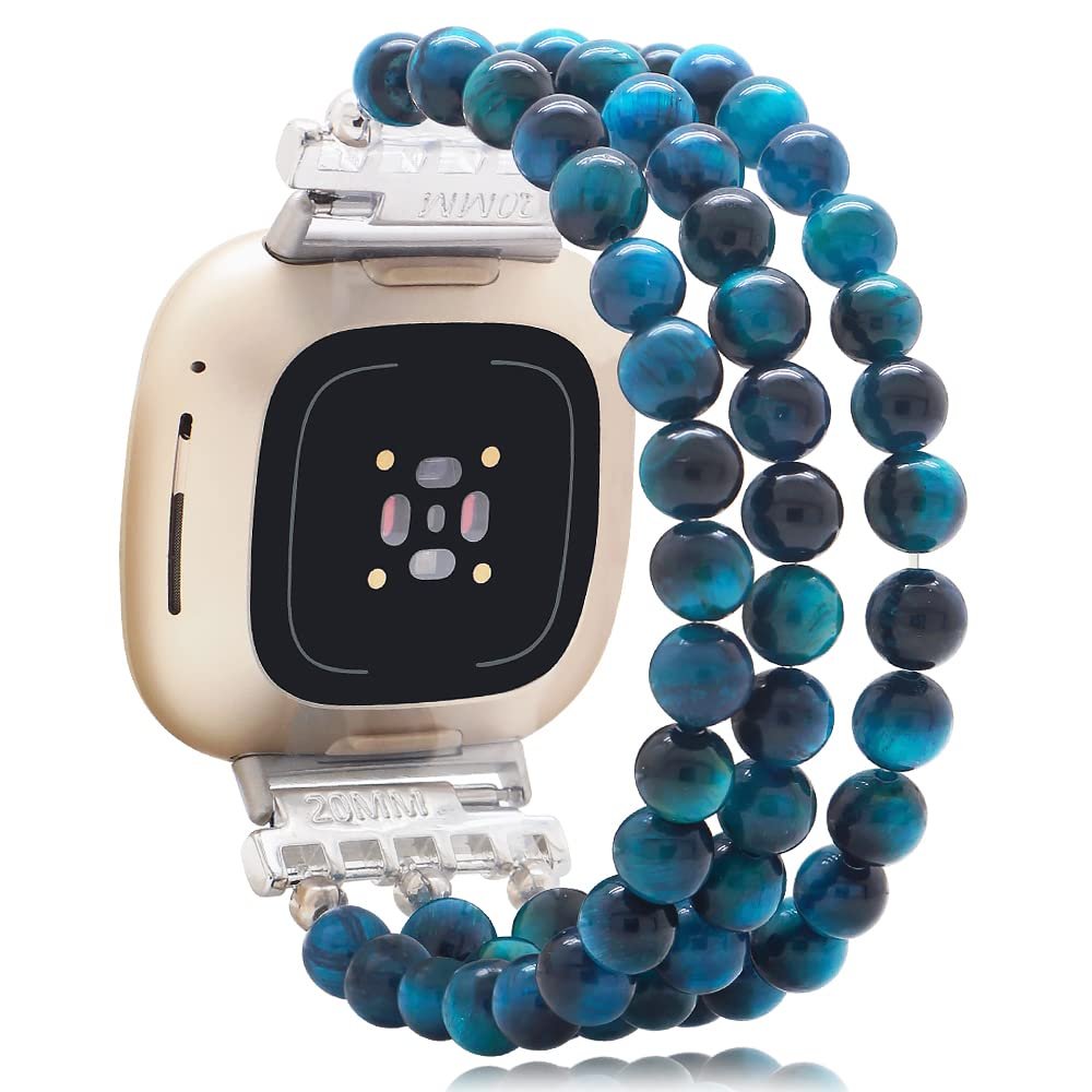 C&L Accessories Bracelet Compatible with Fitbit Versa 3/Fitbit Versa 4/Fitbit Sense 2/Fitbit Sense Bands for Women, Beaded Adjustable Gemstone Replacement Wristband Straps (Blue Tiger Eye)