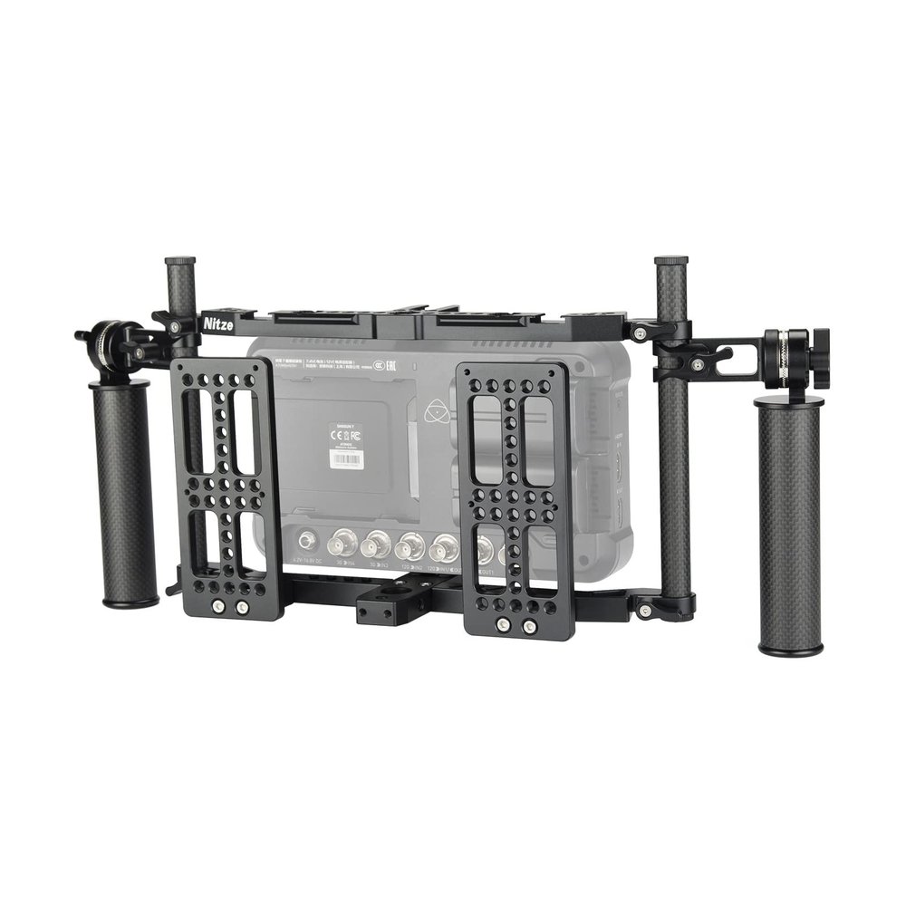 Nitze Universal Directors Monitor Cage with Two Cheese Plates, Carbon Fiber Handles and Rods for Any Monitor up to 10" - JSQ-003