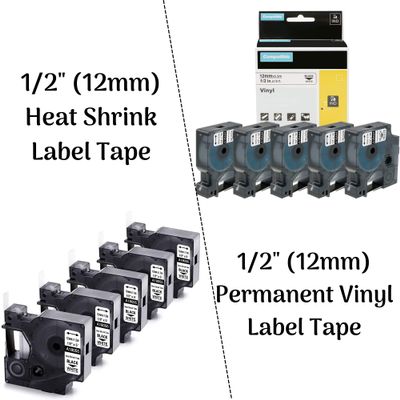 5Pack 1/2'' Heat Shrink Tube Labels + 5Pack 1/2'' Permanent Vinyl Label Tape Compatible with Dymo Rhino 4200 5200 6000 Label Makers
