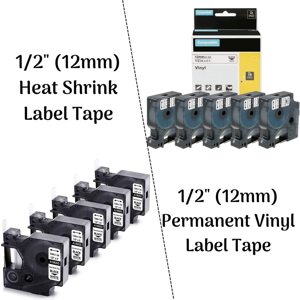 5Pack 1/2'' Heat Shrink Tube Labels + 5Pack 1/2'' Permanent Vinyl Label Tape Compatible with Dymo Rhino 4200 5200 6000 Label Makers