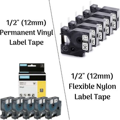 5Pack 1/2'' Permanent Vinyl Label Tape + 5Pack 1/2'' Flexible Nylon Label Tape Compatible with Dymo Rhino 4200 5200 6000 Label Makers