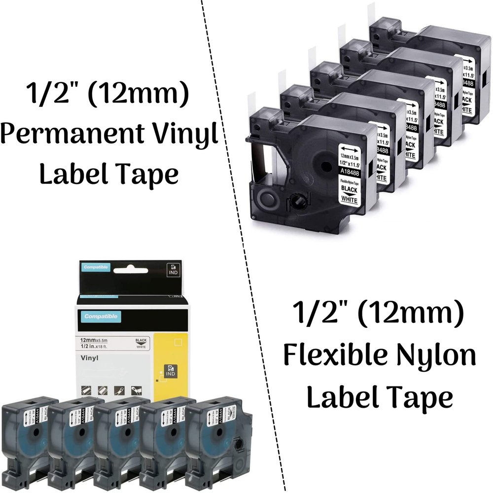 5Pack 1/2'' Permanent Vinyl Label Tape + 5Pack 1/2'' Flexible Nylon Label Tape Compatible with Dymo Rhino 4200 5200 6000 Label Makers