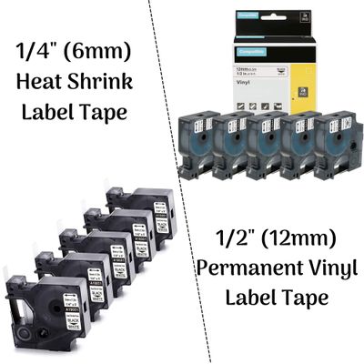 5Pack 1/4'' Heat Shrink Tube Labels + 5Pack 1/2'' Permanent Vinyl Label Tape Compatible with Dymo Rhino 4200 5200 6000 Label Makers