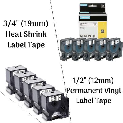 5Pack 3/4'' Heat Shrink Tube Labels + 5Pack 1/2'' Permanent Vinyl Label Tape Compatible with Dymo Rhino 4200 5200 6000 Label Makers