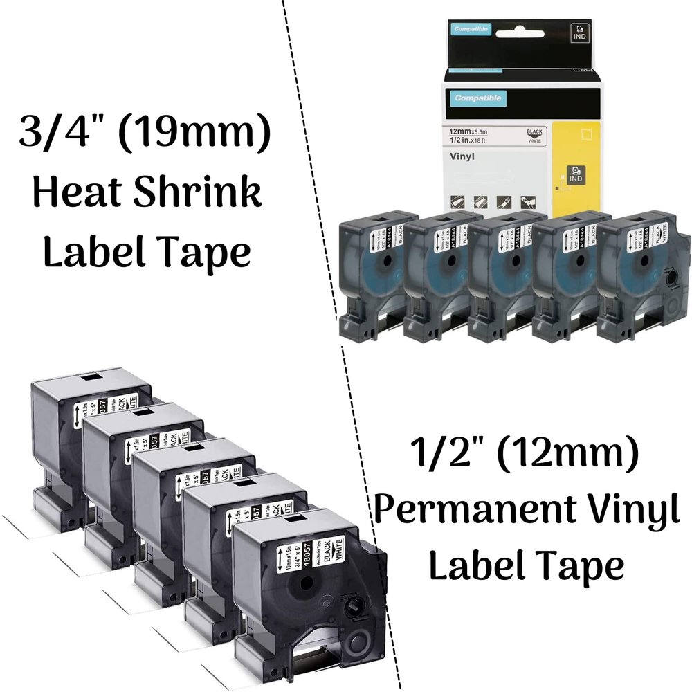 5Pack 3/4'' Heat Shrink Tube Labels + 5Pack 1/2'' Permanent Vinyl Label Tape Compatible with Dymo Rhino 4200 5200 6000 Label Makers
