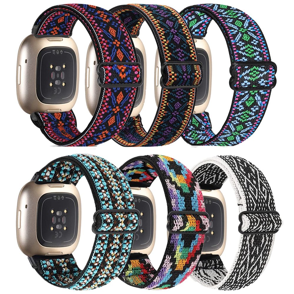 6 Packs Elastic Nylon Bands Compatible with Fitbit Versa 4 / Fitbit Sense 2 / Fitbit Versa 3 / Fitbit Sense, Adjustable Nylon Replacement Straps Wristband for Fitbit Versa 3/4 for Women Men
