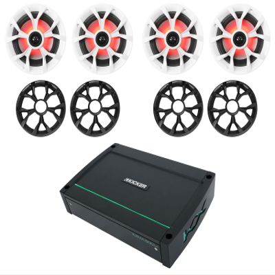 KICKER 48KXMA5004 500 Watt 4-Channel Marine Boat Amplifier Bundle with (4) Rockville RKL65MBW 6.5" 700w Marine Boat Speakers