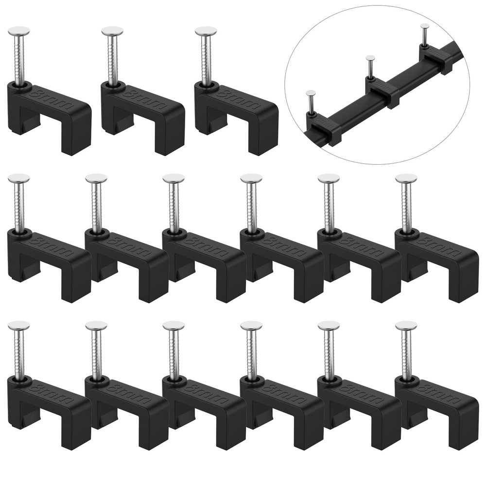 AOPOCKAN TECH Cable Clips Black 100 Pieces Ethernet Cable Clips with Steel Nails 8mm Cord Holder for Cat8 Cat7 Cat6 Flat Ethernet Cable - 0.32 inch