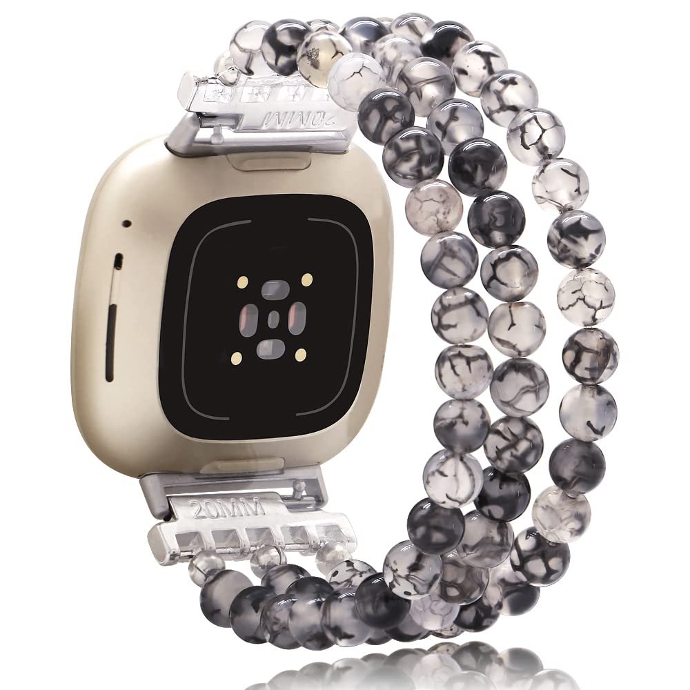 C&L Accessories Bracelet Compatible with Fitbit Versa 3/Fitbit Versa 4/Fitbit Sense 2/Fitbit Sense Bands for Women, Beaded Adjustable Gemstone Replacement Wristband Straps (Dragon vein)
